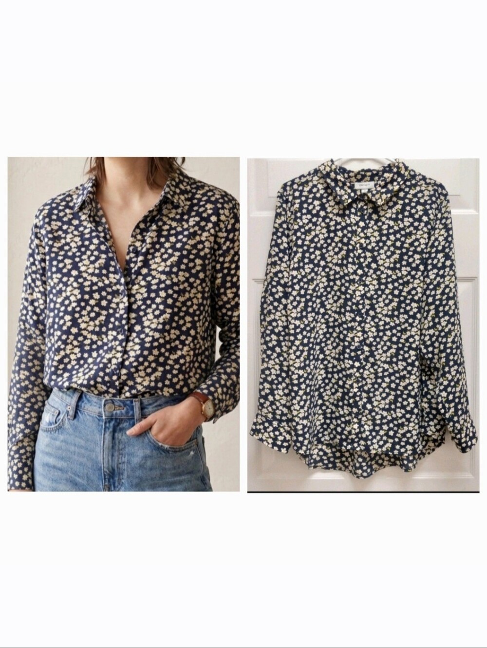 Floral Button Front Top Blue 2X Long Sleeves Cottagecore Casual Workwear On 34th